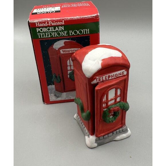 Christmas Village Red Telephone Booth Rex & Lee Porcelain Hand Painted Box - Picture 1 of 9